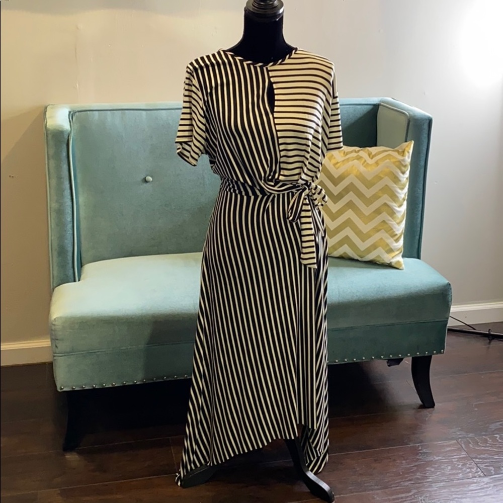 Striped midi mock wrap dress